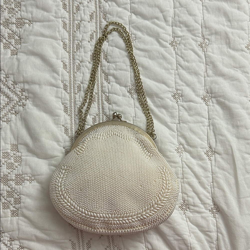 Vintage Cream Beaded Clutch with Gold Chain